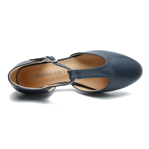 Image of MAIERNISI JESSI Women's T-Strap Mary Jane Pumps, Low Block Heel, Closed Toe, Buckle Ankle Strap