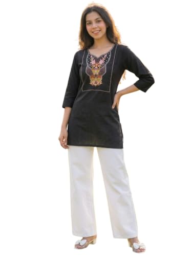 Image of Cotton Blend Embroidered Straight Kurta for Women | Cotton Blend | 3 /4 Sleeve | Round Neck V-Slit | Ethnic Wear Casual Wear