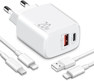 LUOSIKE Ładowarka USB C 20 W do iPhone'a z Kablami Lightning 2 m, 2-Portowy Zasilacz z PD i QC3.0, Szybka Ładowarka z 2 Kablami Ładującymi, Kompatybilna z iPhone 14/13/12/11/Pro/Max/mini/SE/XR/X/8/7/6