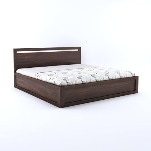 Image of Solid Sheesham Wood Queen Size Bed with Hydraulic Storage for Living Room Bedroom Home | Wooden Queen Size Cot Palang (Walnut Finish) - 1 Year Warranty