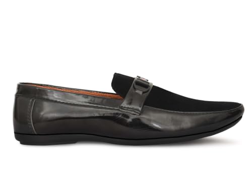 Image of Men's Premium Black Velvet Loafers | Slip-On Formal Dress Shoes with Glossy Patent Leather Finish & Metal Buckle | Comfortable Lightweight Wedding, Party & Office Wear Footwear