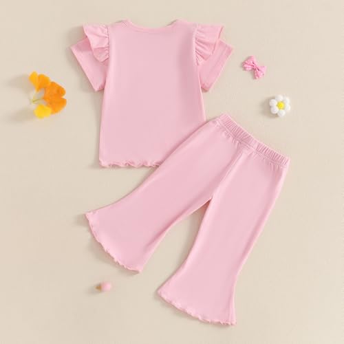 Infant Toddler Baby Girl Summer Outfit Bow Embroidery Ruffle Short Sleeve T-shirt and Flare Pants 2Pcs Summer Set3