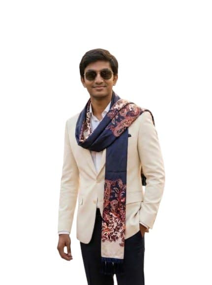 tulsi enterprise Men's Silk Scarf, Navy Blue with Floral Print, Fringed Ends, Luxury Fashion Accessory-picture-46