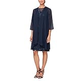 Alex Evenings Women's Short Embroidered Dress with Illusion Jacket, Navy, 14
