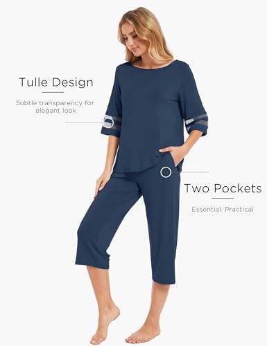 Image of GYS Bamboo Viscose Capri Pajamas for Women Set Cooling 3 /4 Sleeve Pjs | Moisture-Wicking Sleepwear for Night Sweats, OEKO-TEX Certified, Gentle on Sensitive Skin, Soft Sleep Lounge Sets