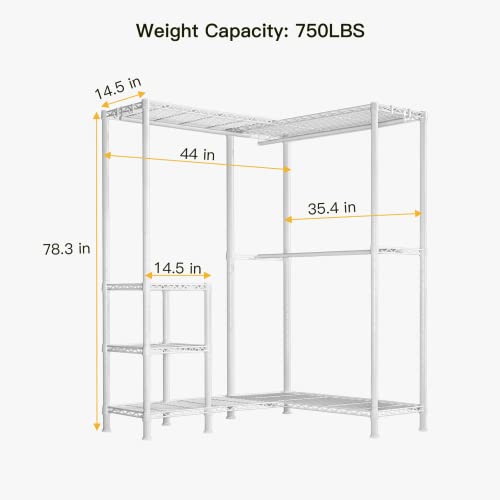 Ulif L1 Heavy Duty Garment Rack, 4 Tiers L Shaped Adjustable Freestanding Closet Organizer And Storage With 3 Hanger Rods For Bedroom And Cloakroom, 44”W X 35.4”D X 78.3”H, Load Capacity 750Lbs, White #TOP6