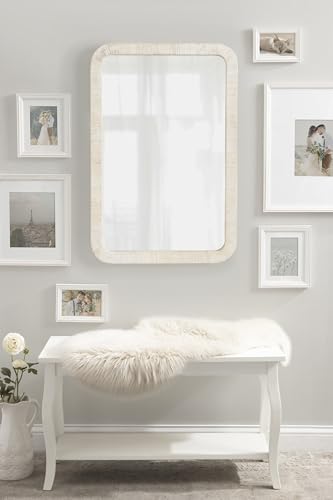 Kate and Laurel Rahfy Boho Rectangle Rattan Mirror; 24 x 36; White; Decorative Rounded Rectangular Wall Mirror with Authentic Rattan Frame for Vanity Bathroom Mirror - Image 5