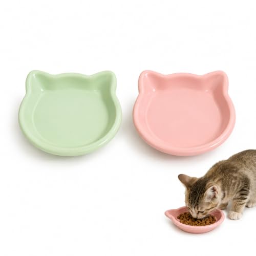 Fuceli 2 Pack Shallow Cat Bowls, Low-Edge Food and Water Dishes for Indoor Cats, Whisker-Friendly Kitten Bowls for Wet and Dry Food, Everyday Pet Mealtime Accessories,Pink and Green