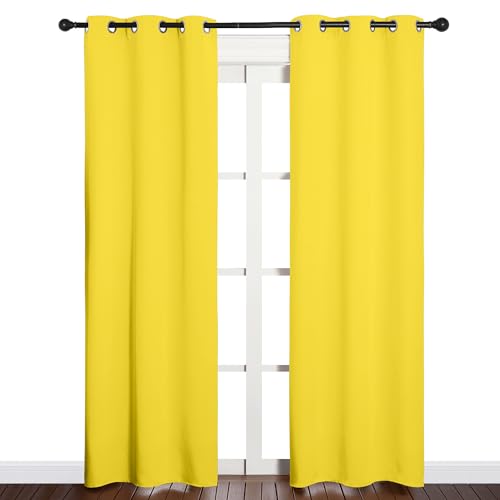 Image of NICETOWN Window Curtain Panels, Thermal Insulated Solid Grommet Draperies /Drapes for Basement (Bright Yellow, 1 Pair, 34 by 84-inch)