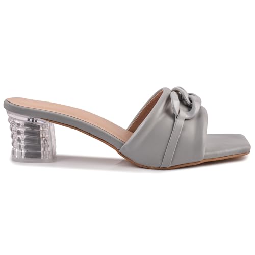 Image of Women's Slip On-On Heeled Sandals with Transparent Block Heels & Decorative Chain Strap Signora103| Fashionable Summer Slides Trendy Chain Strap Signora103