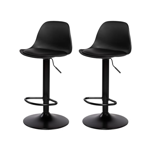 Taburetes Altos de Cocina, Taburete Alto Regulable Altura con Respaldo Reposapiés y Acolchado, Juego de 2 Taburetes de Bar para Isla Cocina Barra Bar y comedor, Giratorio 360°, Piel Sintética, Negro