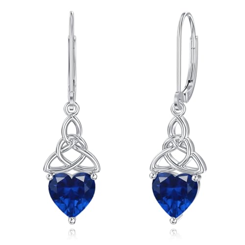 Seiyang Celtic Knot Earrings 925 Sterling Silver Celtic Dangle Drop Earrings with 12 Months Heart Birthstone Irish Good Luck Jewelry Gifts for Women