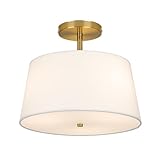 CALOKES Modern Cone-Shaped Semi Flush Mount Ceiling Light Fixture, 3-Light Drum Lamp with Gold Brass Finish and White Fabric Shade for Bedroom, Kitchen, Dining Room, Hallway, Entryway, and Foyer