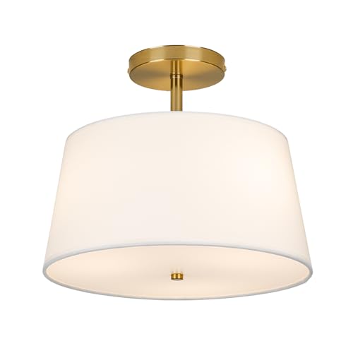 Modern Cone-Shaped Semi Flush Mount Ceiling Light Fixture, 3-Light Drum Lamp with Gold Brass Finish and White Fabric Shade for Bedroom, Kitchen, Dining Room, Hallway, Entryway, and Foyer