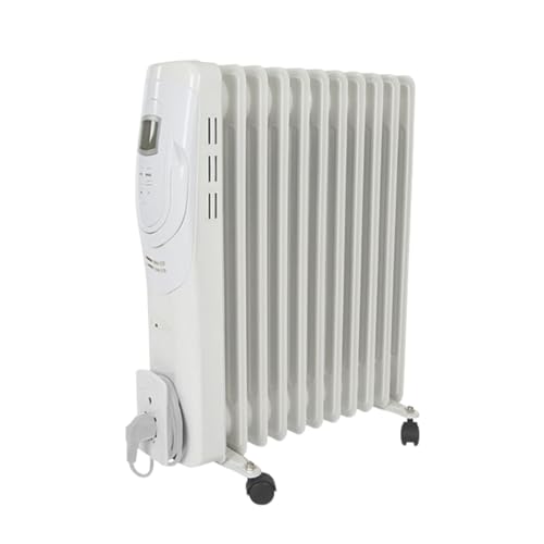 Perel Radiateur à huile 2500W avec 11 ailettes, 3 niveaux de chaleur, écran LCD, minuterie, thermostat, poignée, roulettes et enrouleur de câble,...