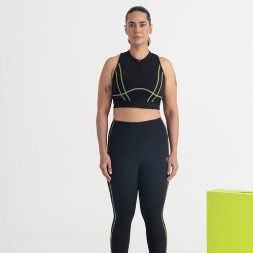 Image of HUNNIT 2 in 1 Sports Bra Crop Top for Women with Front Zipper| High Neck Racerback Sports Bra| Medium Coverage| Lightly Padded| Stretchable Sports Bra for Gym Workout| Sweat Wicking Fabric