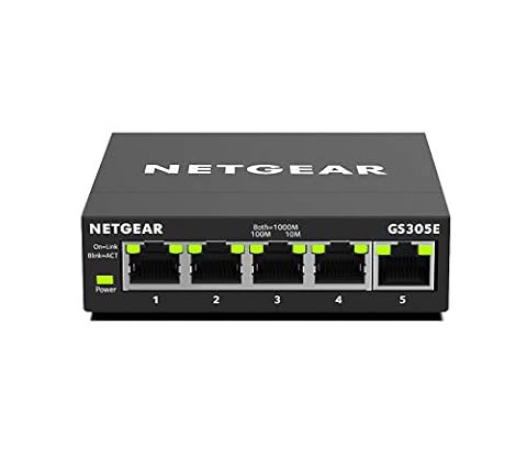 NETGEAR Przełącznik zarządzalny GS305E 5-portowy Gigabit Ethernet LAN Plus (Plug-and-Play, zarządzalny, IGMP Snooping, QoS, VLAN, bez wentylatora, solidna metalowa obudowa), czarny