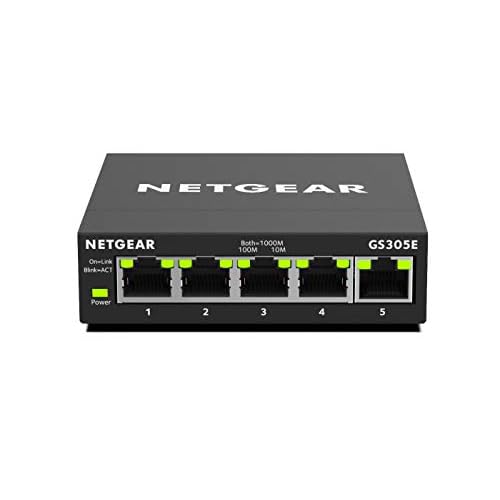 Netgear GS305E Managed Switch 5 Port Gigabit Ethernet LAN Switch Plus (Plug-and-Play, Netzwerk Switch Managed, IGMP Snooping, QoS, VLAN, lüfterlos, robustes Metallgehäuse), Schwarz