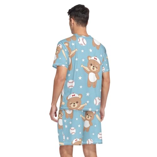 Men's Pajama Set Cute Bear Play Baseball Short Sleeve with Shorts Pockets Sleepwear Set Summer Loungewear2