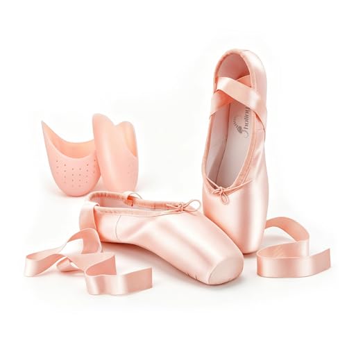 SHOLING Professional Pointe Shoes Satin Ballet Dance Slipper with Ribbons Toe Pads for Womens Girls (Pink, Numeric_5_Point_5)