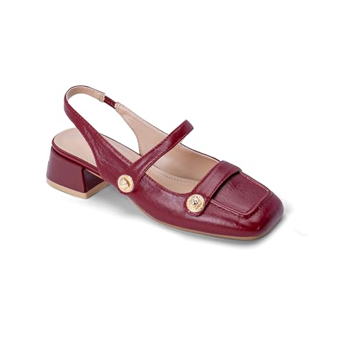 Image of Slingback Mary Jane Heels for Women Low Block Heel Closed Square Toe Pump Shoes Heels Classic Daily Office Dressy Shoes