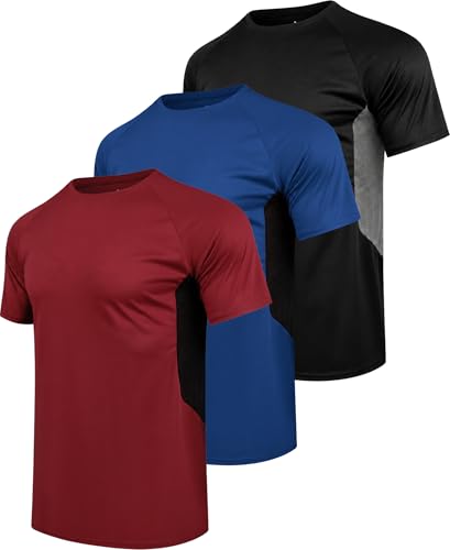 3 Pack Men's Workout Shirts Dry Fit Short Sleeve Athletic Gym Running T Shirts with Mesh Sides Moisture Wicking AXL
