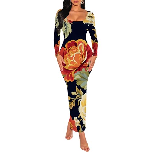 Floral Print Autumn Rose Pattern Long Sleeve Dress for Women Fashion Boat Neck Party Club Night Floor Length Maxi Dress