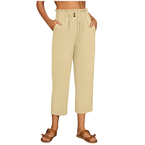 Mackneog Plus Size Casual Capris For Women Wide Leg Elastic Women Casual Skinny Leggings Cropped Capri Pants Wide Leg Linen Khaki #TOP11
