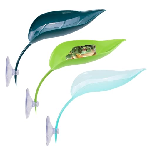 ORNAROVI 3 Pack Tree Frog Terrarium Accessories with Suction Cups, Plastic Leaf Aquarium Decor, Artificial Plant Leaves Crested Gecko Tank Accessories, Leopard Gecko Tank Accessories (3 Pack)