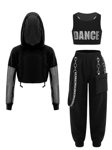 3Pcs Kids Girls Hip Hop Dance Outfit Hooded Vest with Tank Top Sweatpants Jogging Suits