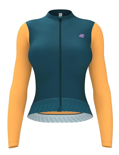 LAMEDA Camiseta de Ciclismo Mujer con Mangas Largas Maillot Bicicletas de Carretera UPF50+ Slim Fit Azul+Amarillo,XS