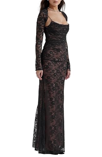 Image of Women Vintage Cream Lace Maxi Dress Romantic Long Sleevees Lace Bodycon Dress