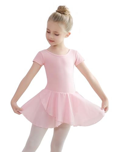 tanzdunsje Ballettkleidung Mädchen Damen-Kinder Ballettkleid Baumwolle,Balletttrikot Tanzkleid Tanzbody Kurzarm,Ballettrock mädchen mit Chiffon Tütü, Größe 110-170