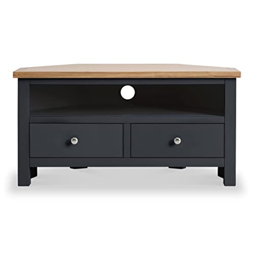 RoselandFurniture Farro Charcoal Corner TV Stand Unit 90 cm Painted Solid Wood Light Oak Top Television Cabinet Suitable for TVs up to 40 inches for Living Room or Bedroom | Fully Assembled