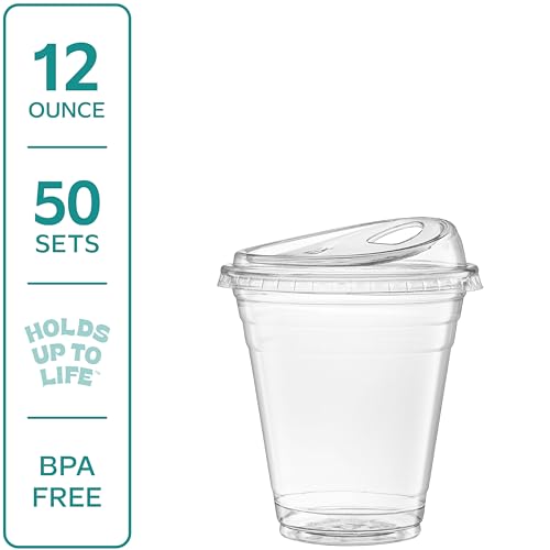 image for GUSTO Clear Plastic Cups with Lids [12 oz - 50 Count] - Disposable Ice