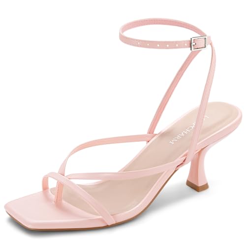Image of Women's Kitten Heel Strappy Open Square Toe Thong Ankle Strap Heels for Wedding