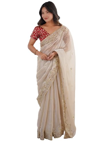 Image of AKHILAM Women's Shimmer Off White Georgette Sequence Embroidery Saree With Unstitched Blouse Piece