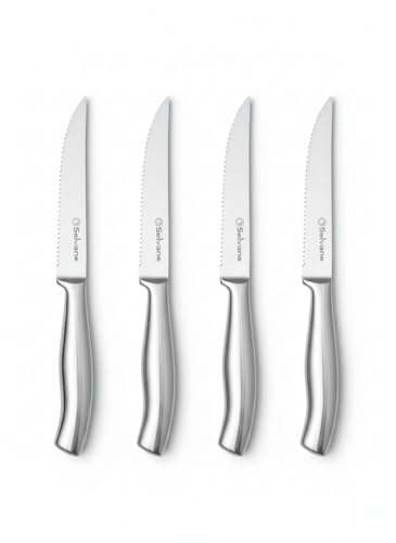 Steak Knives Set of 4, Rust Free Stainless Steel Steak Knife Set with Sharp Serrated Edge and Non Slip Handle