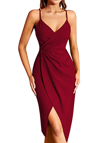 Missufe Women's Wrap V Neck Sleeveless Spaghetti Strap Ruched Bodycon Midi Slit Summer Party Cocktail Dress