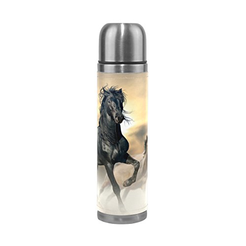 COOSUN Chevaux animés en Acier Inoxydable flacons Gourde Thermos Tasse Anti-Fuite Double Vide pour Bouteilles, Cuir PU Voyage Thermique Mug, 481,9u00a0Gram