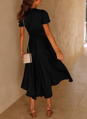 Image of miduo Womens Satin V Neck Ruffle Short Sleeve Tie Front High Waist Midi A-Line Maxi Dresses