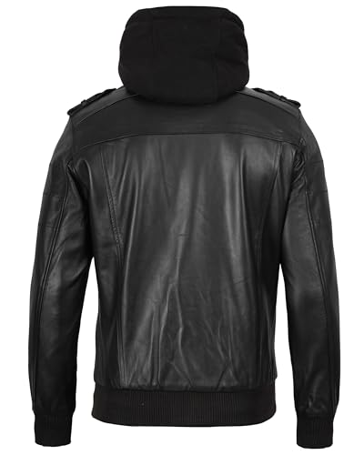 Image of Decrum Mens Leather Jacket - Detachable Hood Stylish Real Lambskin Leather Bomber Jacket Men