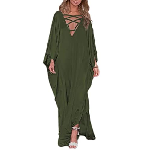 Bsubseach 2025 Long Kaftan Dresses Muumuu Plus Size V Neck Vintage Caftan Coverup Sexy Satin Dress E-olive Green One Size