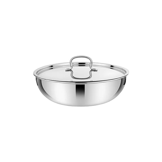 Image of Prabha Stainless Steel Prima Tasla with Flat Bottom, Included Lid, Tasla, 18cm, 1.4 L Capacity, Perfect for Kitchen Need, Induction and Gas Stove Compatible