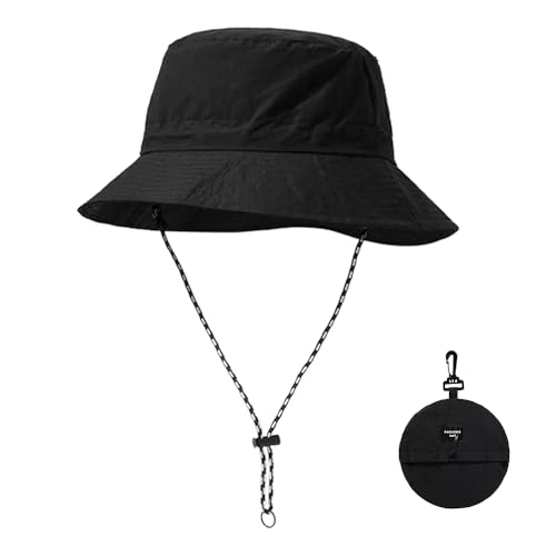 Brewlix Waterproof Bucket Hat for Women Men, Foldable Bucket Hat with String Sun Uv Protection, Quick-Drying Fisherman Hats for Holidays, Fishing, Hiking Black