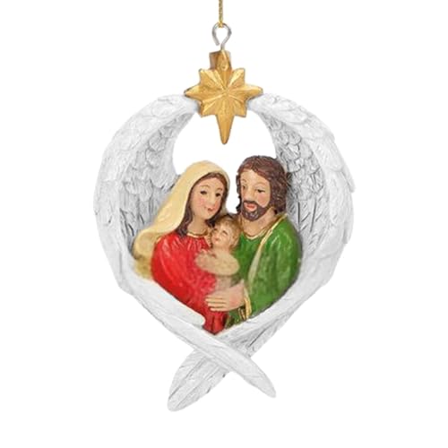 Adorno de árbol de la sagrada familia, decoración navideña de resina, artesanía, sagrada familia en alas de ángel, accesorios decorativos de belén para árbol de Navidad