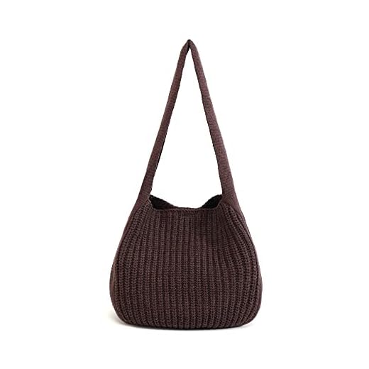ENBEI Bolsas femininas de ombro feitas à mão com crochê grande bolsa de compras sacola de lona estética tote lindas bolsas, Marrom, Large