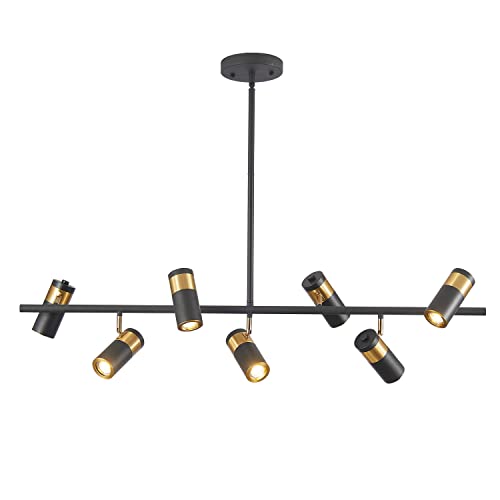 Image of KCO Lighting Black and Gold 7-Light Hanging Track Lighting Modern Kitchen Island Pendant Track Lighting Fixtures Mid Century Ceiling Mount Adjustable Spotlight