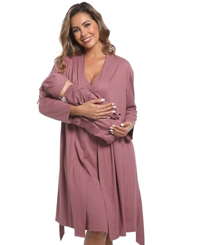 Image of QTECLOR Mommy Robe Set for Maternity with Matching Swaddle Blanket, Delivery Labor Gown Robe for Hospital Women Dress