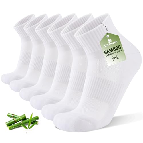 SukModen Compression Ankle Support Running Socks Men Women 3 Pairs Quarter Bamboo Breathable Trainer Socks Wicking Plantar Fasciitis Relief Athletic for Sports Walking Tennis White 9-11